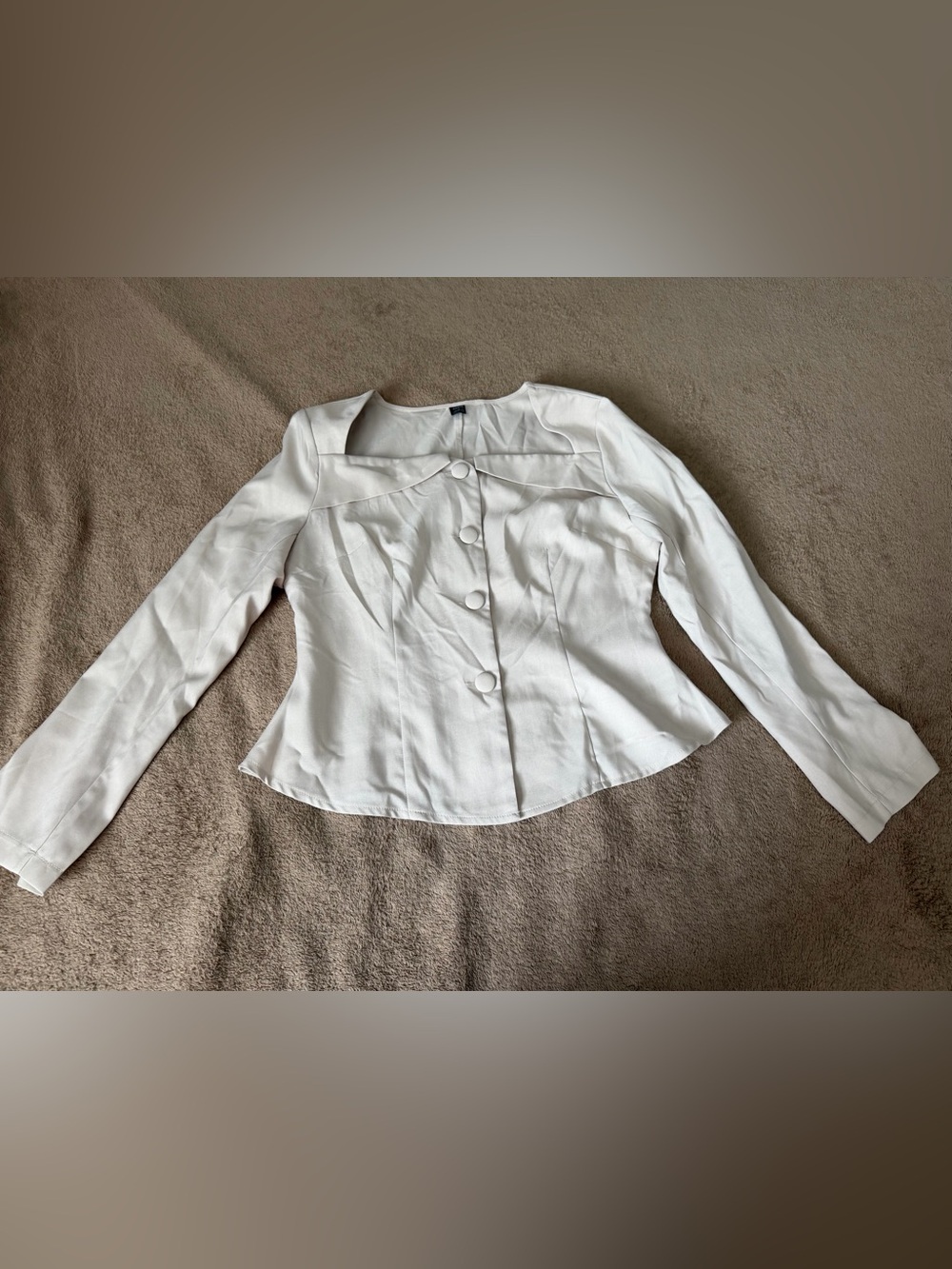 White Button-Front Long Sleeve Peplum Blouse